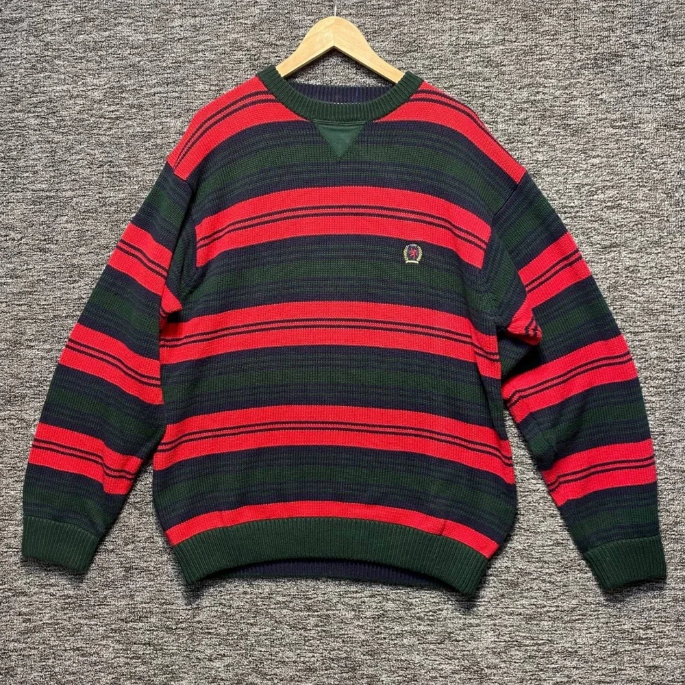 VTG Tommy Hilfiger Sweater Mens L Striped Knit Red Green Navy Crest Logo 90s